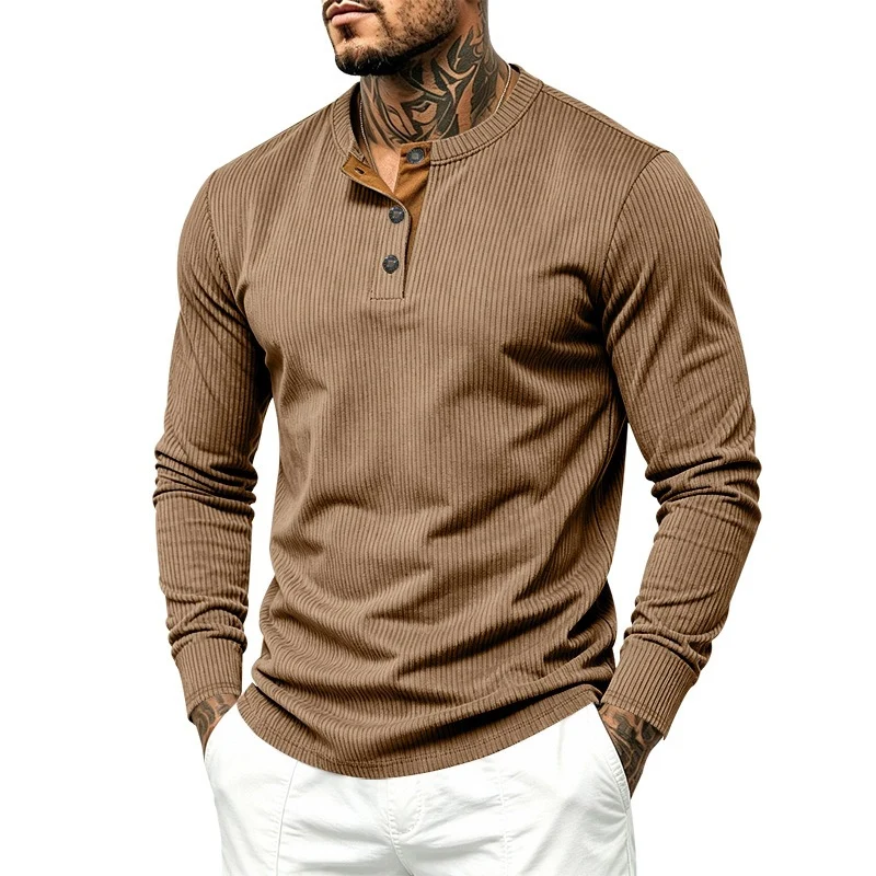 Herren Langärmeliges Rippstrick-Henley-Shirt mit Knopfleiste und Rundhalskragen Drune