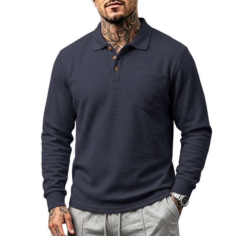 Herren Langarm-Waffelpiqué-Polo mit Knopfleiste und Brusttasche Drune