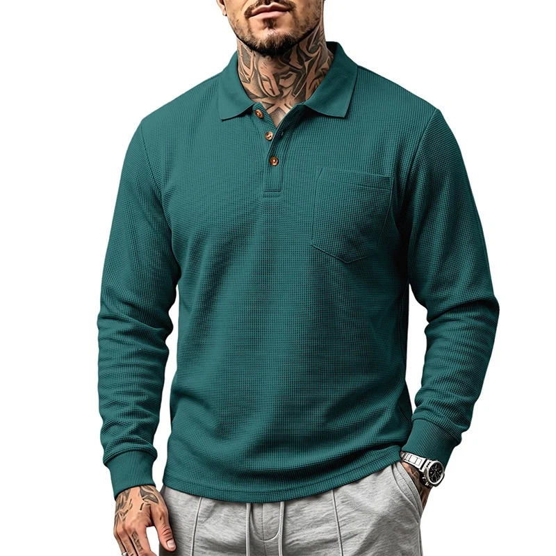 Herren Langarm-Waffelpiqué-Polo mit Knopfleiste und Brusttasche Drune