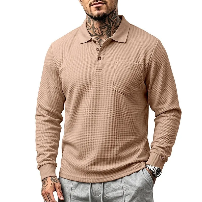 Herren Langarm-Waffelpiqué-Polo mit Knopfleiste und Brusttasche Drune