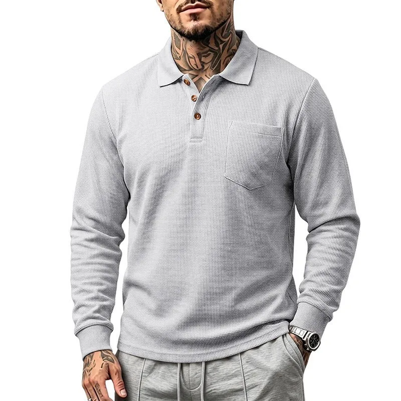 Herren Langarm-Waffelpiqué-Polo mit Knopfleiste und Brusttasche Drune