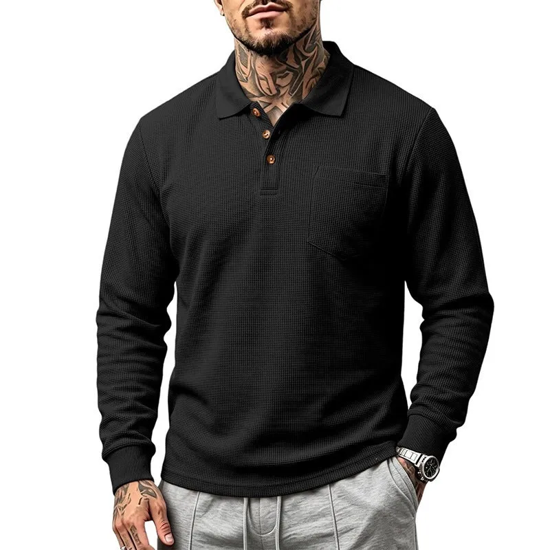 Herren Langarm-Waffelpiqué-Polo mit Knopfleiste und Brusttasche Drune