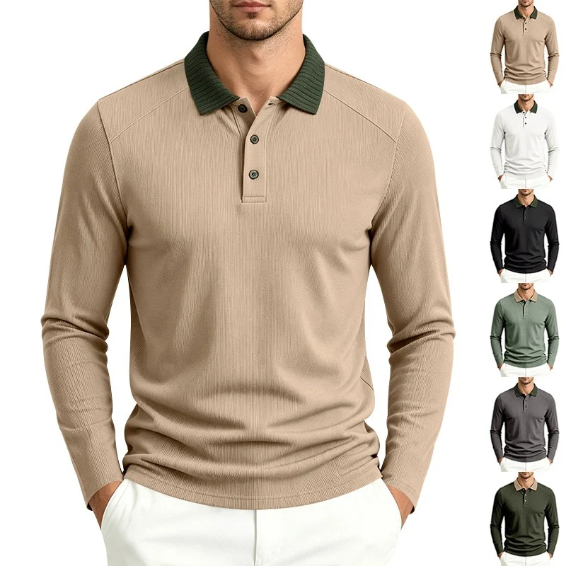 Herren Langarm-Polo aus feinem Rippstrick mit Kontrastkragen und Knopfleiste Drune