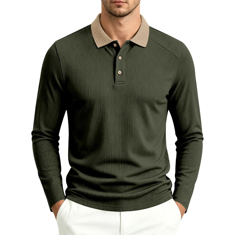 Herren Langarm-Polo aus feinem Rippstrick mit Kontrastkragen und Knopfleiste Drune