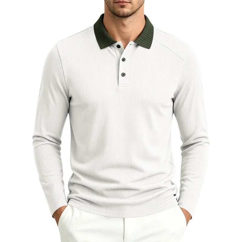 Herren Langarm-Polo aus feinem Rippstrick mit Kontrastkragen und Knopfleiste Drune