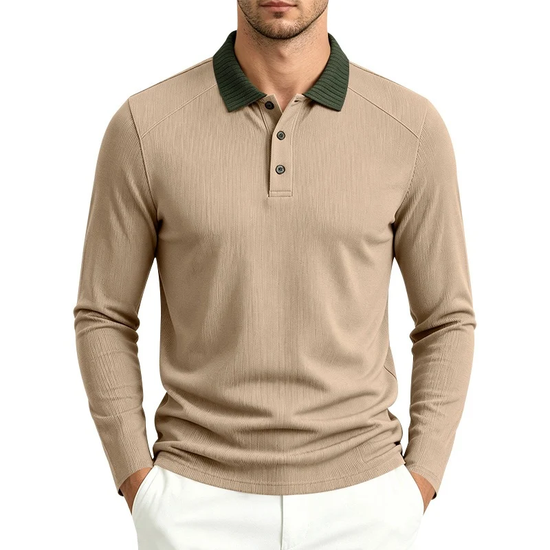 Herren Langarm-Polo aus feinem Rippstrick mit Kontrastkragen und Knopfleiste Drune