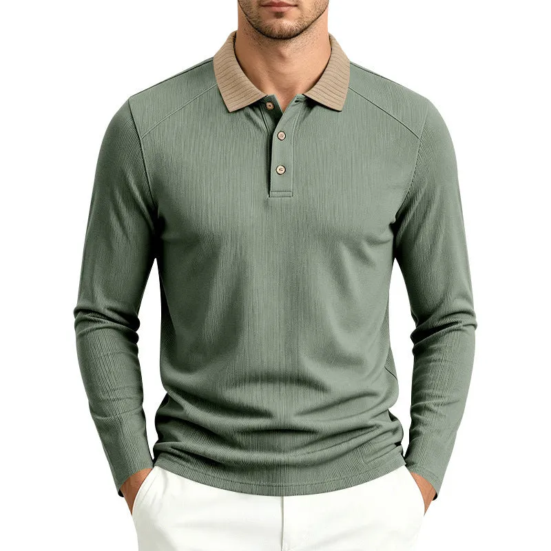 Herren Langarm-Polo aus feinem Rippstrick mit Kontrastkragen und Knopfleiste Drune