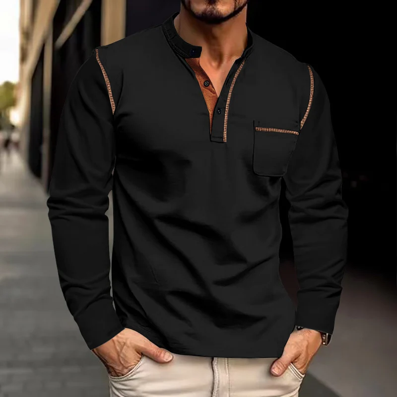 Herren Langarm-Henleyshirt mit Stehkragen und Brusttasche Drune