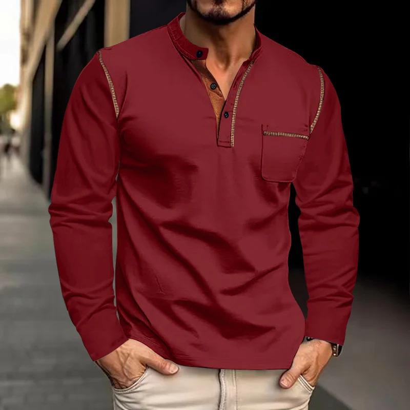 Herren Langarm-Henleyshirt mit Stehkragen und Brusttasche Drune