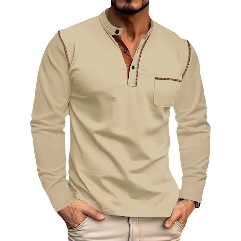 Herren Langarm-Henleyshirt mit Stehkragen und Brusttasche Drune