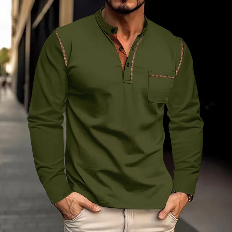 Herren Langarm-Henleyshirt mit Stehkragen und Brusttasche Drune