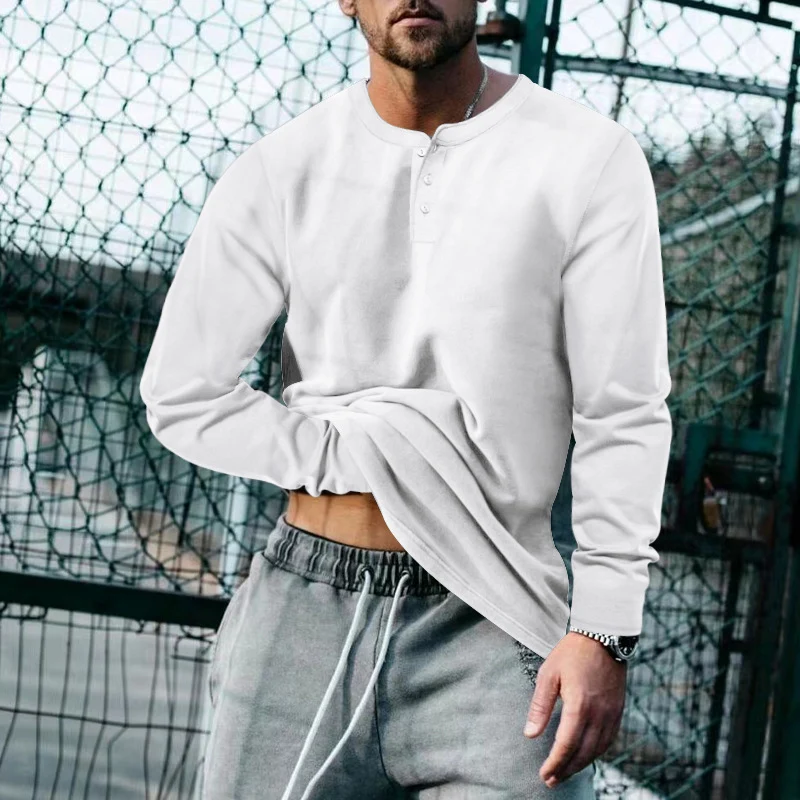 Herren Langarm-Henley-Oberteil aus Baumwoll-Mix schmal geschnitten Drune
