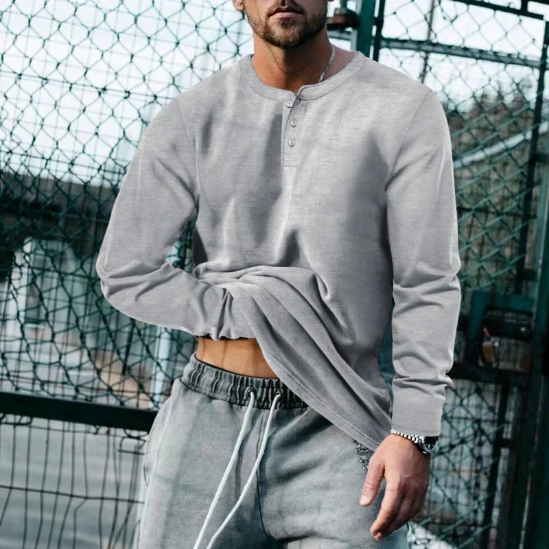 Herren Langarm-Henley-Oberteil aus Baumwoll-Mix schmal geschnitten Drune