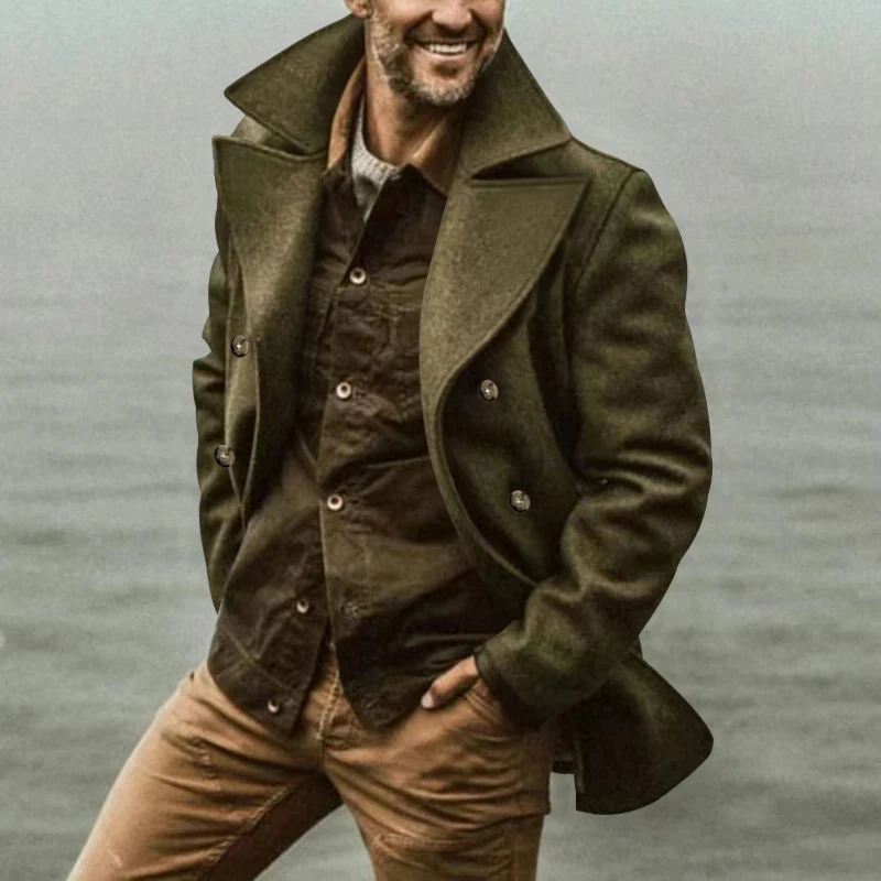 Herren Kurzmantel im Marine-Stil aus Wollmischung mit doppelter Knopfleiste und großem Revers Drune