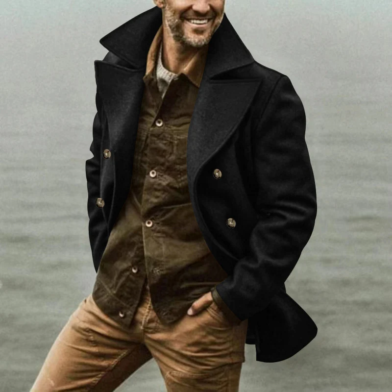 Herren Kurzmantel im Marine-Stil aus Wollmischung mit doppelter Knopfleiste und großem Revers Drune