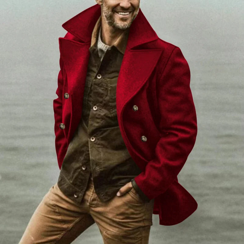 Herren Kurzmantel im Marine-Stil aus Wollmischung mit doppelter Knopfleiste und großem Revers Drune