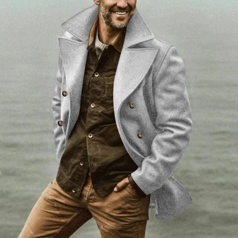 Herren Kurzmantel im Marine-Stil aus Wollmischung mit doppelter Knopfleiste und großem Revers Drune
