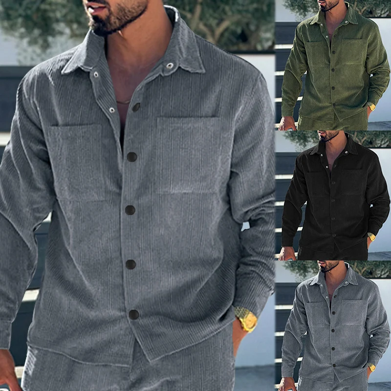 Herren Kord-Überhemd im Oversize-Look mit Brusttaschen und durchgehender Knopfleiste Drune