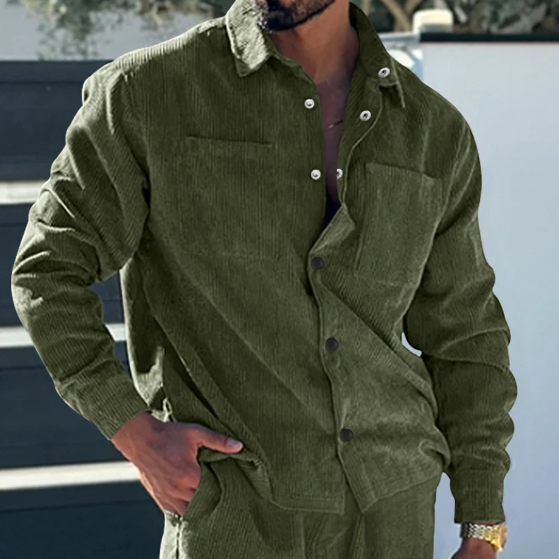 Herren Kord-Überhemd im Oversize-Look mit Brusttaschen und durchgehender Knopfleiste Drune