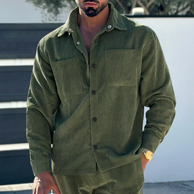 Herren Kord-Überhemd im Oversize-Look mit Brusttaschen und durchgehender Knopfleiste Drune
