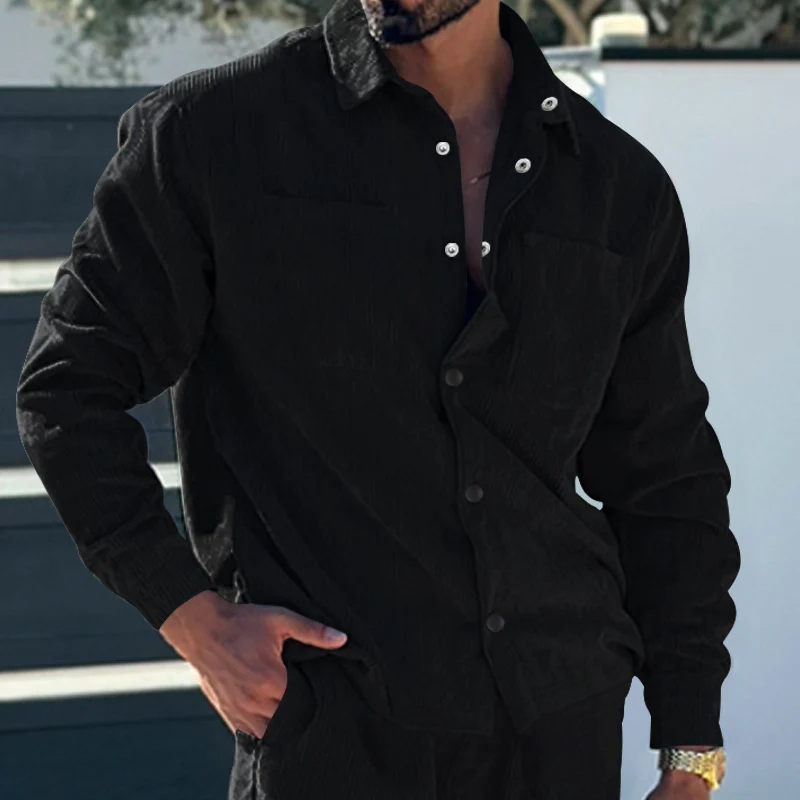 Herren Kord-Überhemd im Oversize-Look mit Brusttaschen und durchgehender Knopfleiste Drune