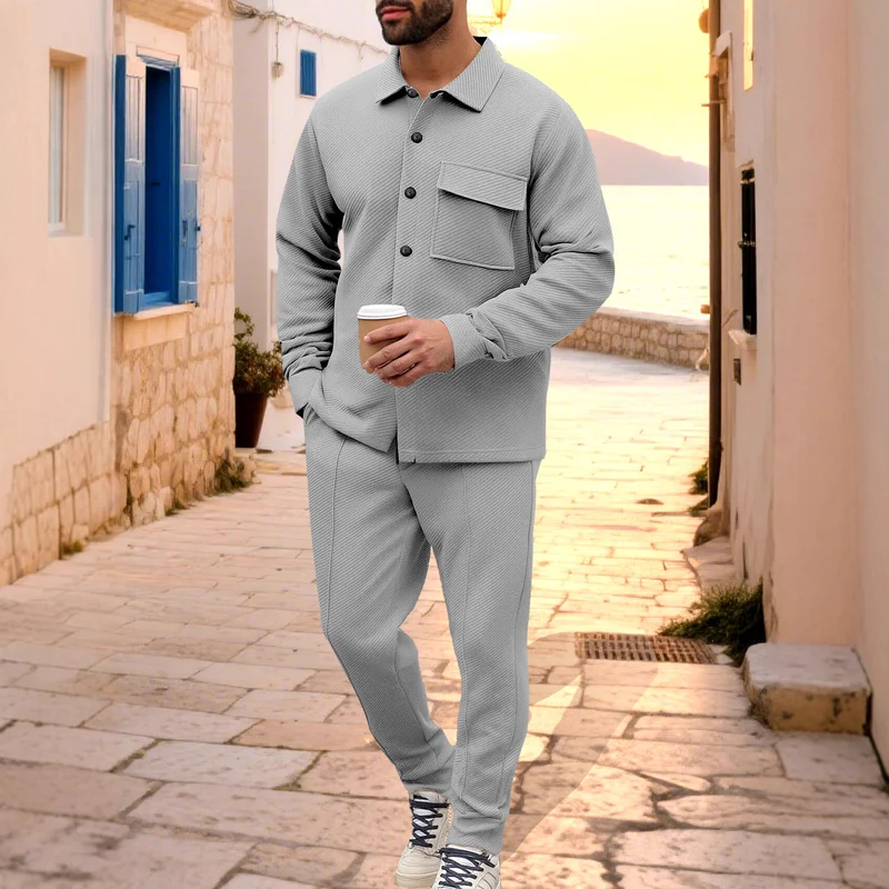 Herren Komfort-Zweiteiler Waffelstruktur-Hemdjacke mit Pattentasche und Relax-Bundhose Drune