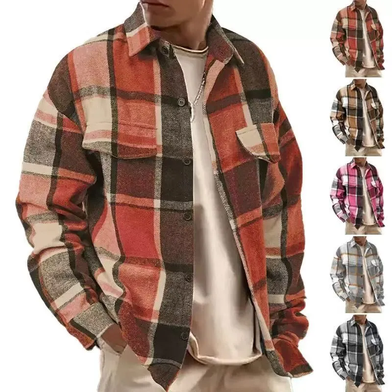 Herren Karierte Flanell-Hemdjacke mit Brusttaschen und Knopfleiste Drune
