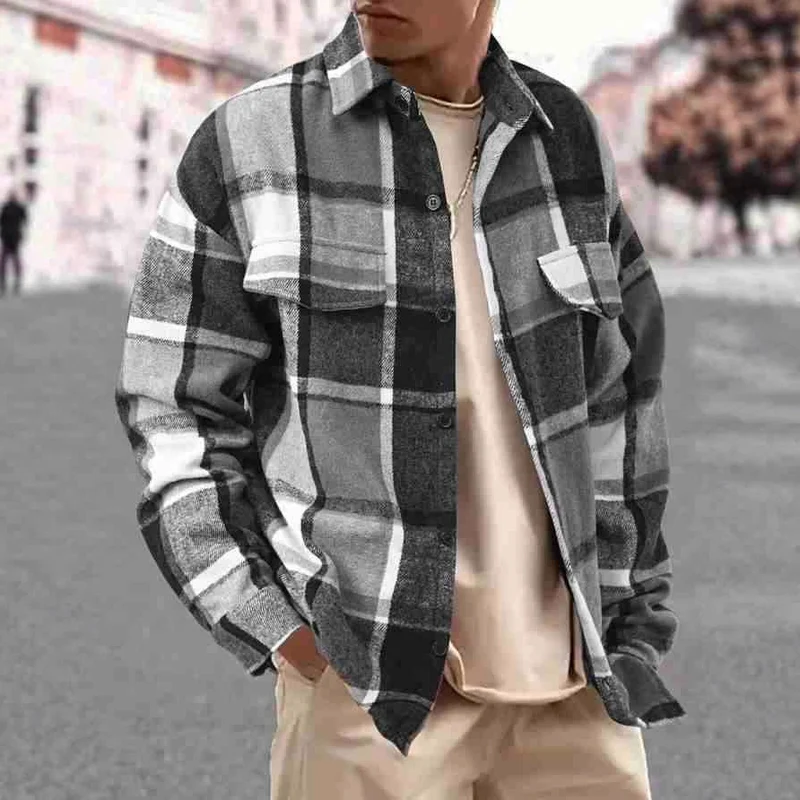 Herren Karierte Flanell-Hemdjacke mit Brusttaschen und Knopfleiste Drune