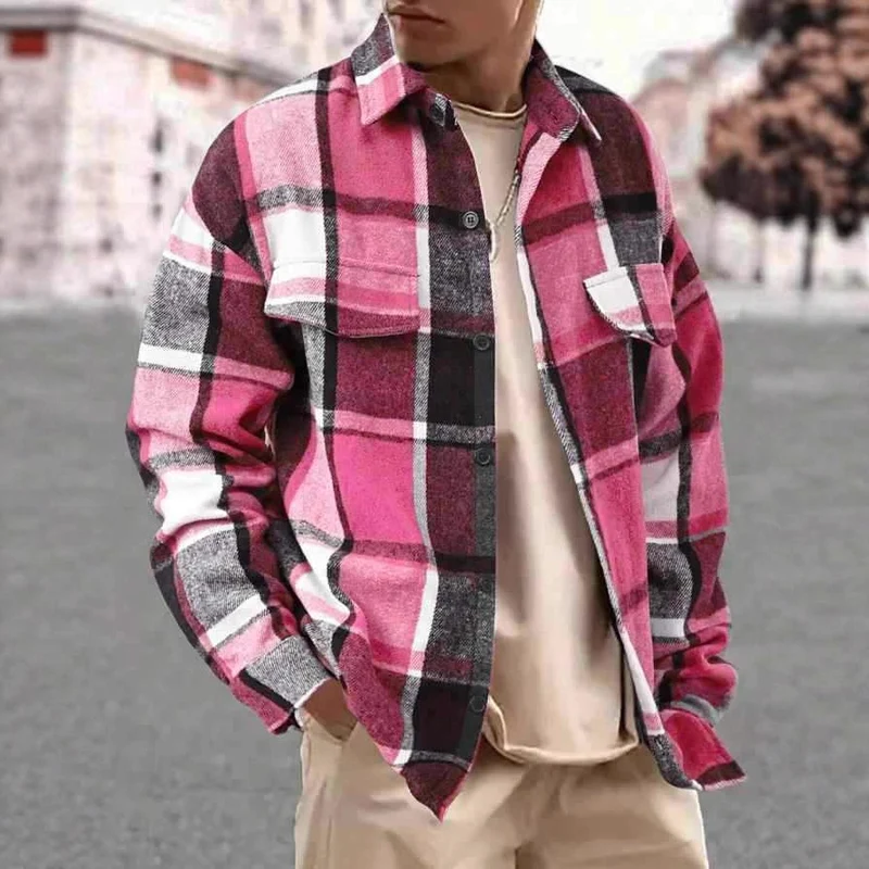 Herren Karierte Flanell-Hemdjacke mit Brusttaschen und Knopfleiste Drune