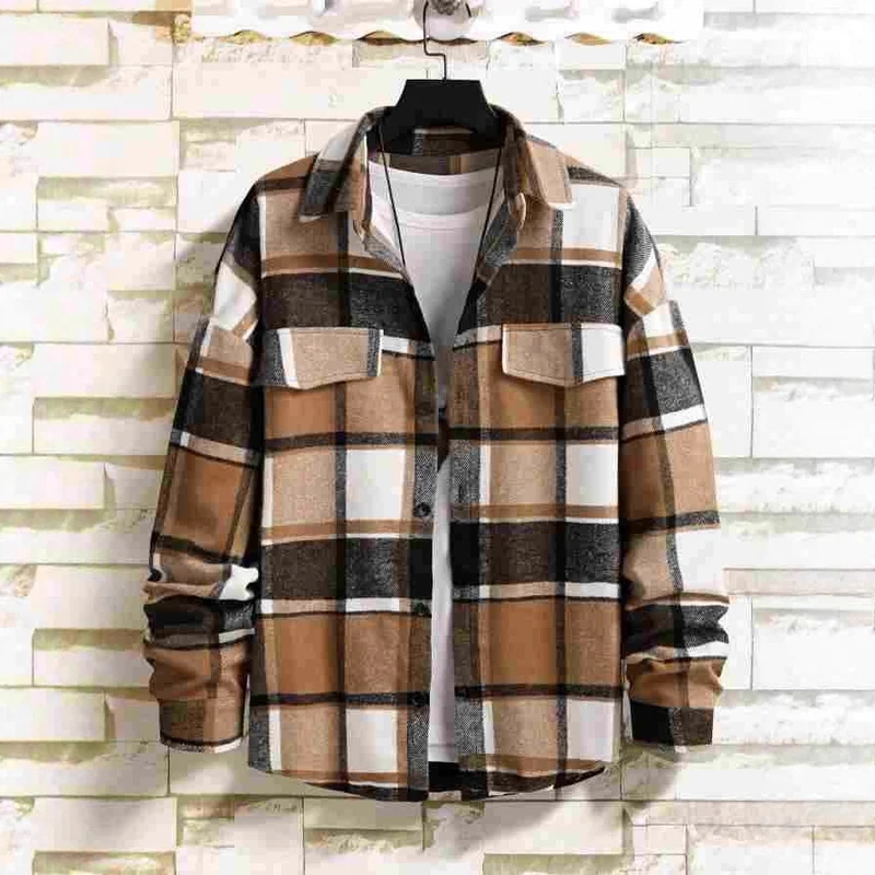 Herren Karierte Flanell-Hemdjacke mit Brusttaschen und Knopfleiste Drune