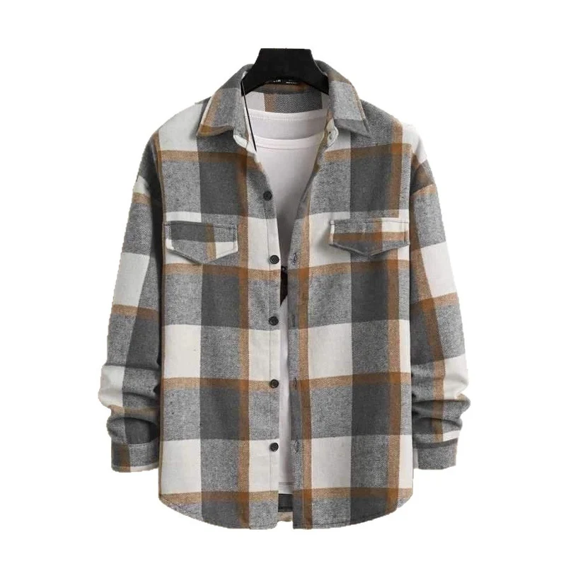Herren Karierte Flanell-Hemdjacke mit Brusttaschen und Knopfleiste Drune