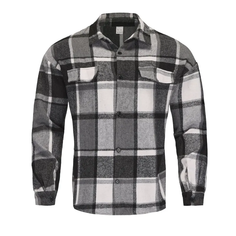 Herren Karierte Flanell-Hemdjacke mit Brusttaschen und Knopfleiste Drune
