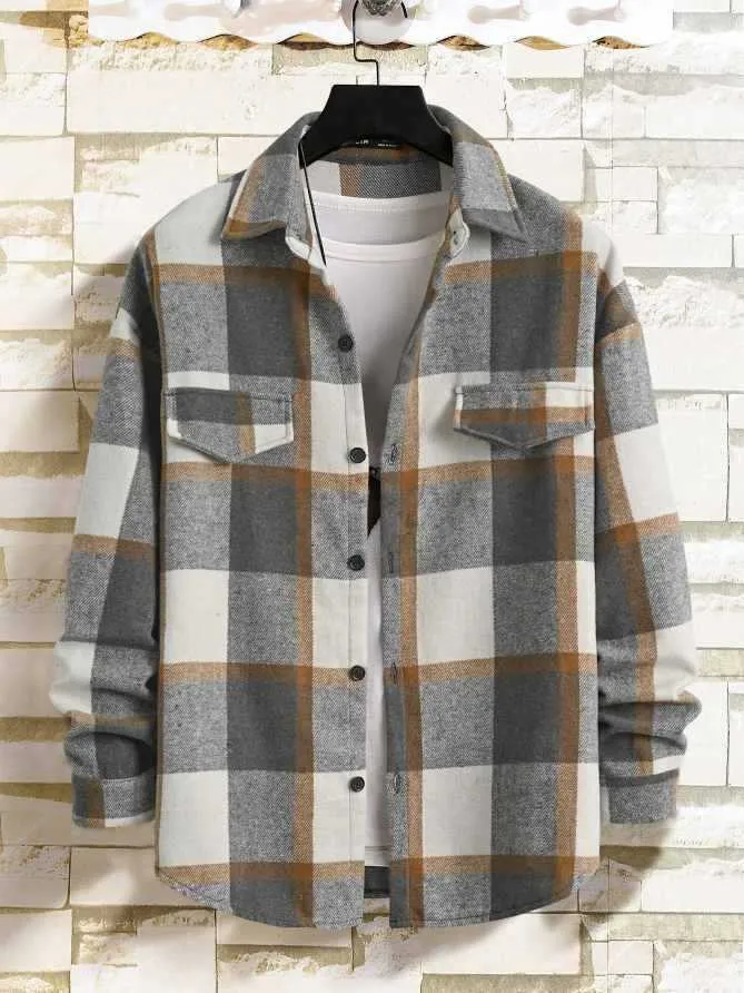 Herren Karierte Flanell-Hemdjacke mit Brusttaschen und Knopfleiste Drune