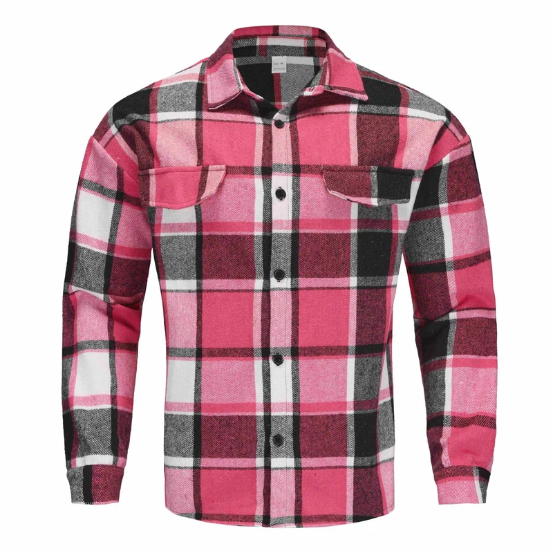 Herren Karierte Flanell-Hemdjacke mit Brusttaschen und Knopfleiste Drune