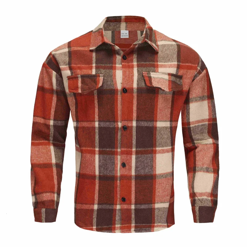 Herren Karierte Flanell-Hemdjacke mit Brusttaschen und Knopfleiste Drune