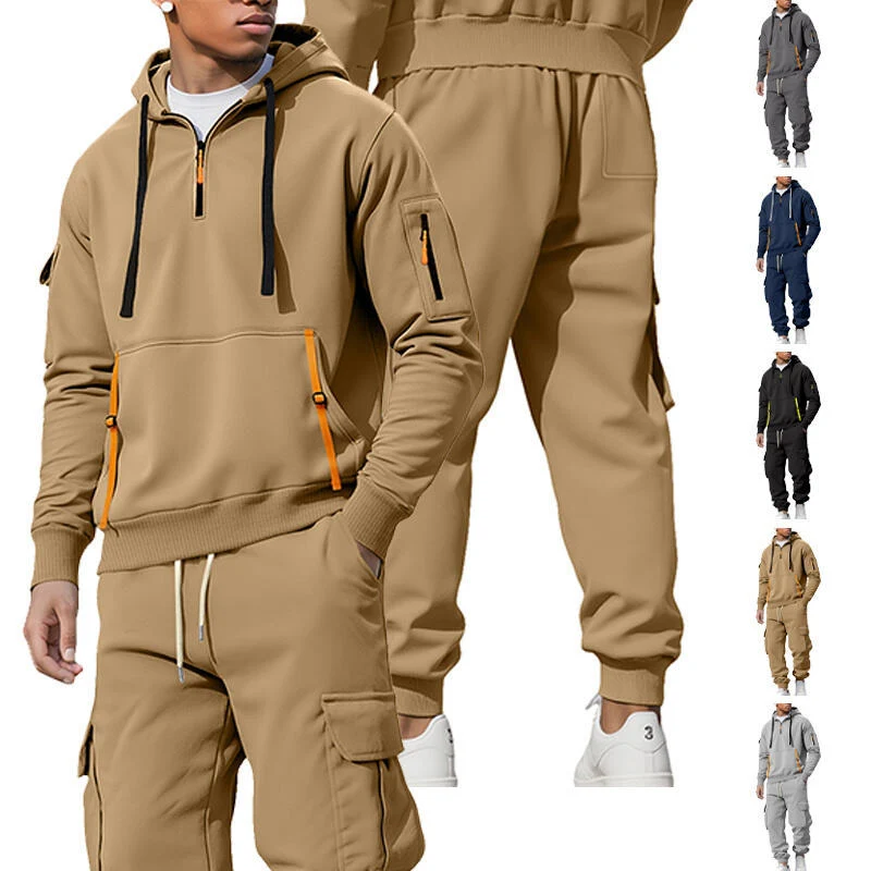 Herren Kapuzensweatshirt mit Utility-Taschen, Halbzip und kontrastierenden Reißverschlüssen Drune