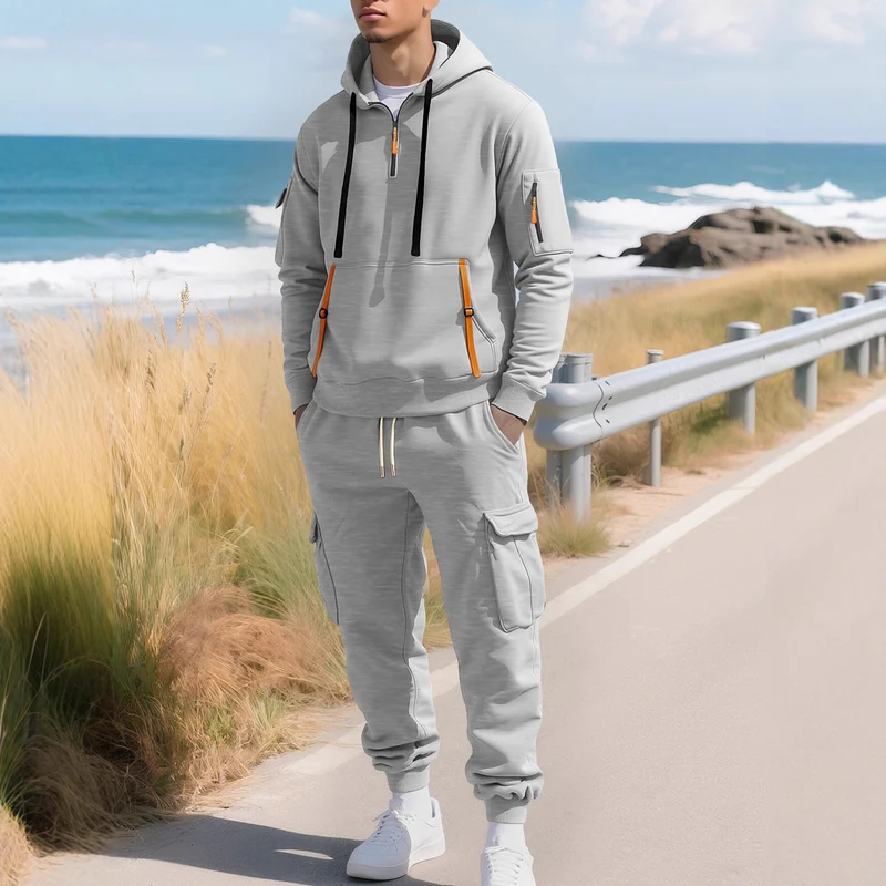 Herren Kapuzensweatshirt mit Utility-Taschen, Halbzip und kontrastierenden Reißverschlüssen Drune