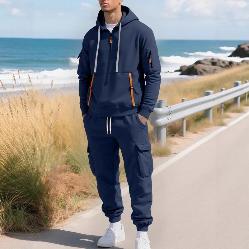 Herren Kapuzensweatshirt mit Utility-Taschen, Halbzip und kontrastierenden Reißverschlüssen Drune