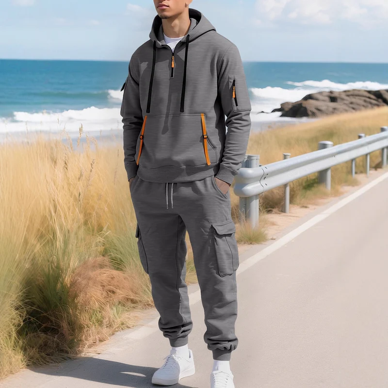 Herren Kapuzensweatshirt mit Utility-Taschen, Halbzip und kontrastierenden Reißverschlüssen Drune