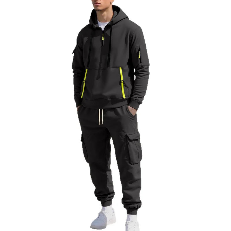 Herren Kapuzensweatshirt mit Utility-Taschen, Halbzip und kontrastierenden Reißverschlüssen Drune
