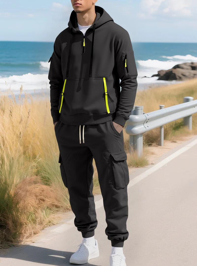 Herren Kapuzensweatshirt mit Utility-Taschen, Halbzip und kontrastierenden Reißverschlüssen Drune
