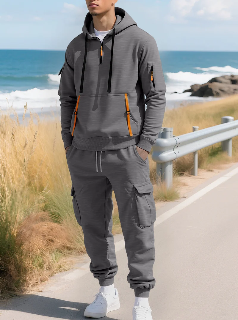 Herren Kapuzensweatshirt mit Utility-Taschen, Halbzip und kontrastierenden Reißverschlüssen Drune