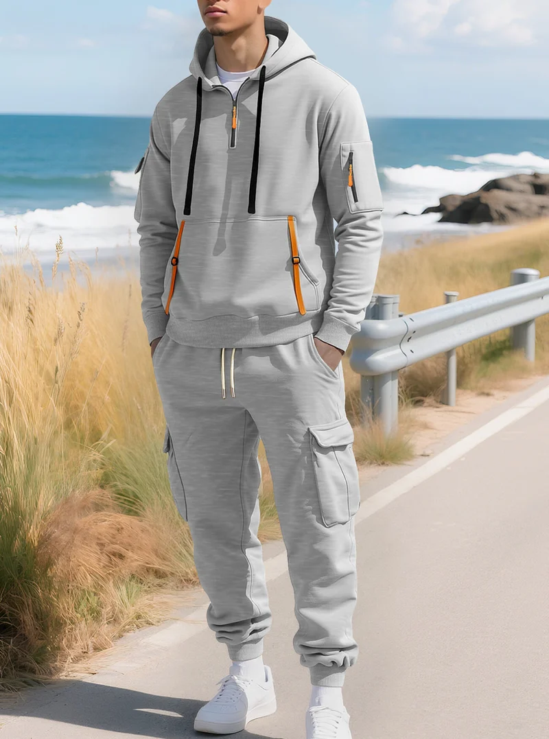 Herren Kapuzensweatshirt mit Utility-Taschen, Halbzip und kontrastierenden Reißverschlüssen Drune