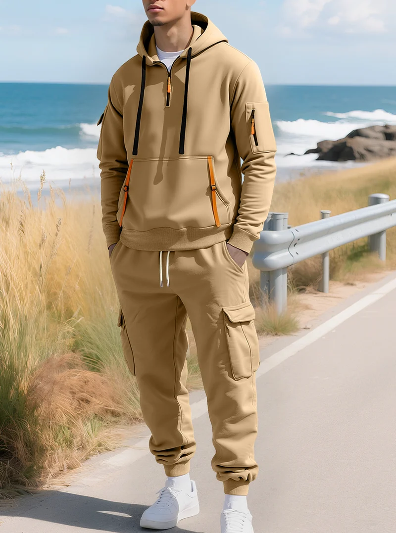 Herren Kapuzensweatshirt mit Utility-Taschen, Halbzip und kontrastierenden Reißverschlüssen Drune