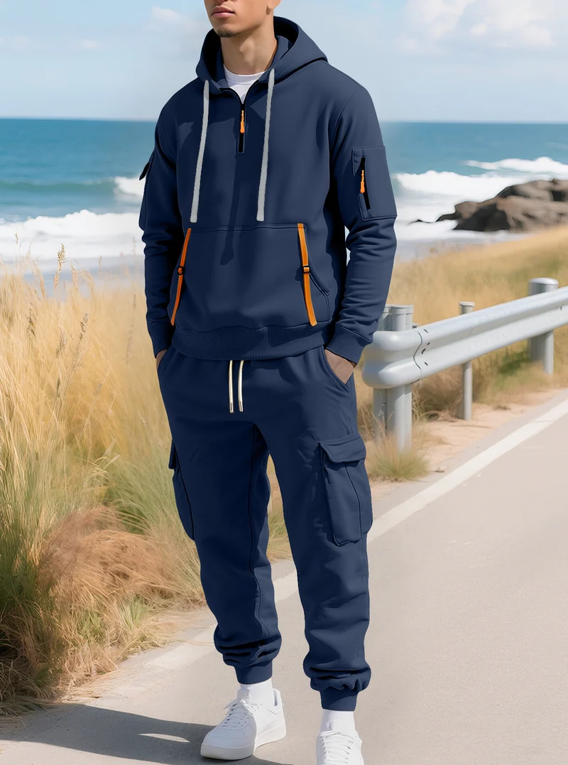 Herren Kapuzensweatshirt mit Utility-Taschen, Halbzip und kontrastierenden Reißverschlüssen Drune