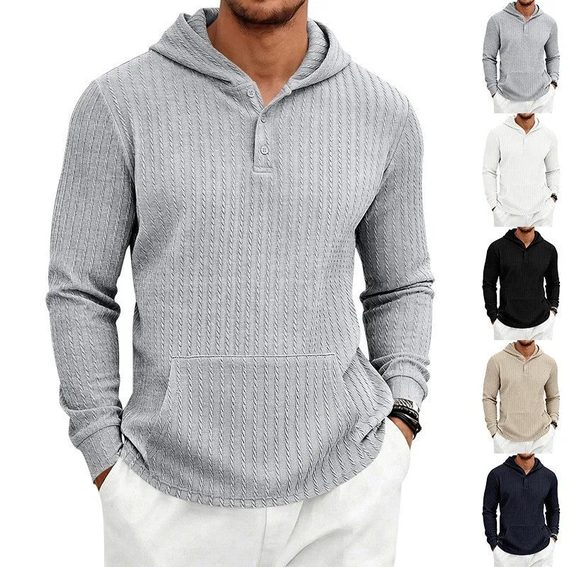 Herren Kapuzenpullover mit Waffelstruktur, Henley-Knopfleiste und Kängurutasche Drune