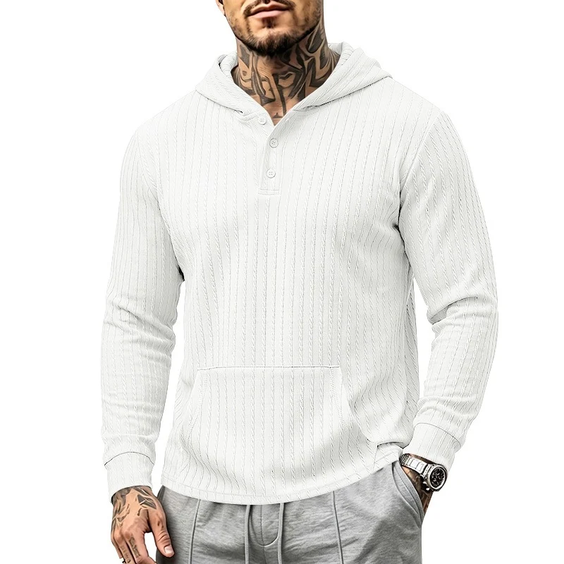 Herren Kapuzenpullover mit Waffelstruktur, Henley-Knopfleiste und Kängurutasche Drune