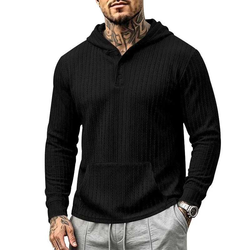 Herren Kapuzenpullover mit Waffelstruktur, Henley-Knopfleiste und Kängurutasche Drune