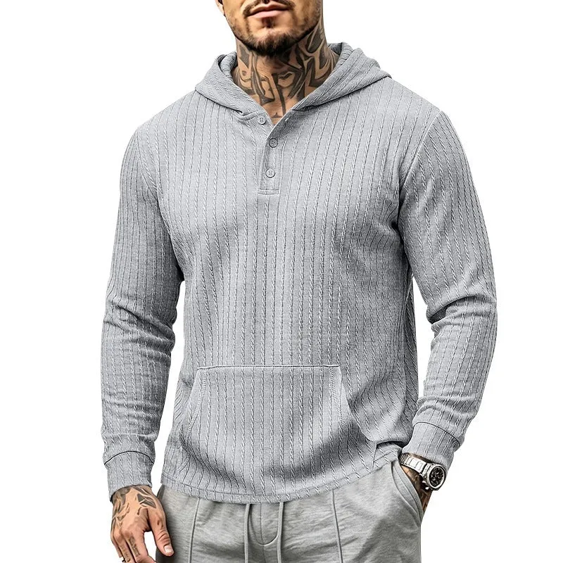 Herren Kapuzenpullover mit Waffelstruktur, Henley-Knopfleiste und Kängurutasche Drune