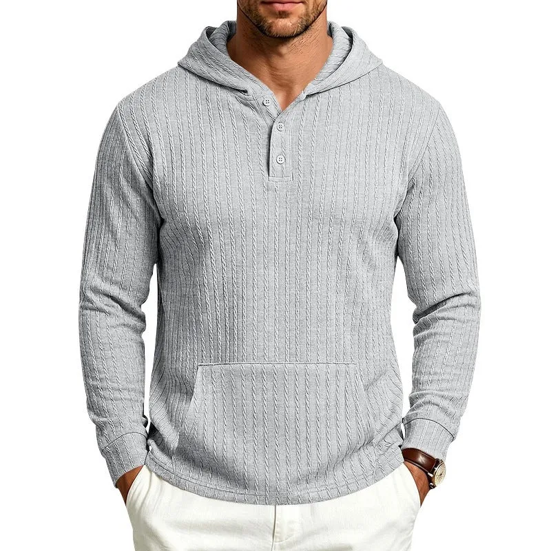 Herren Kapuzenpullover mit Waffelstruktur, Henley-Knopfleiste und Kängurutasche Drune